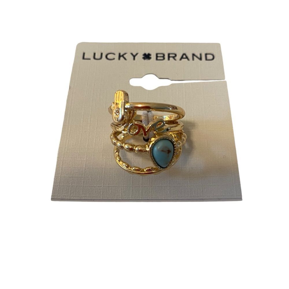 Turquoise Love Ring Stack in Bright Gold Tone.  Four Rings in Total.